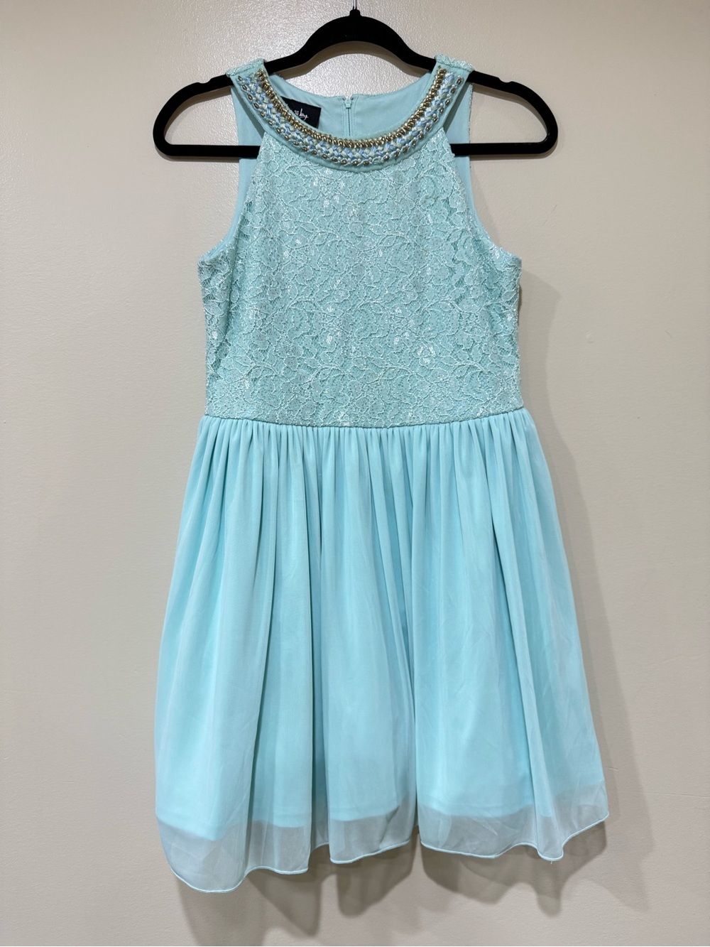 Girls' Light Blue Lace & Chiffon Dress with Beaded Neckline